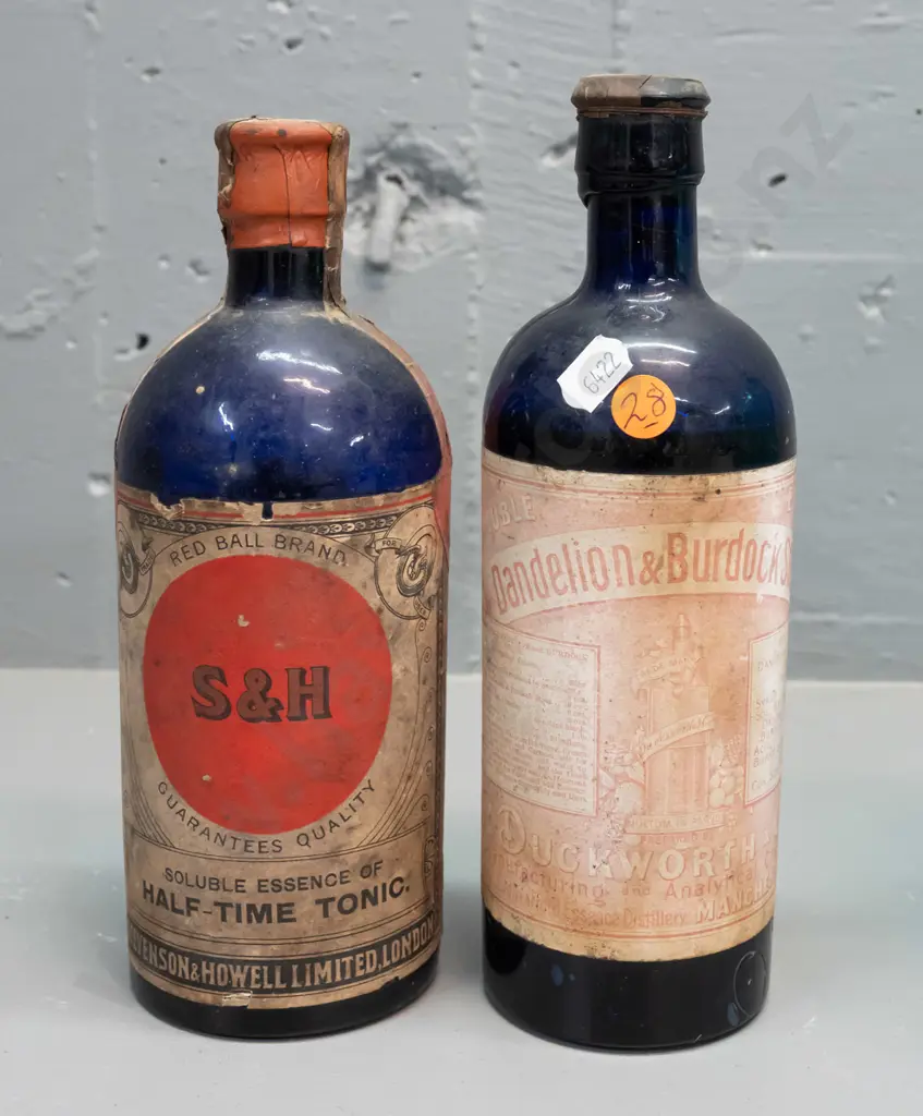 2 vintage cobalt blue bottles with labels and contents - Duckworth & Co Dandelion & Burdock stout & Stevenson & Howell Image 1++