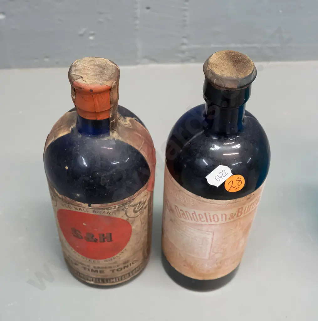 2 vintage cobalt blue bottles with labels and contents - Duckworth & Co Dandelion & Burdock stout & Stevenson & Howell Image 1++