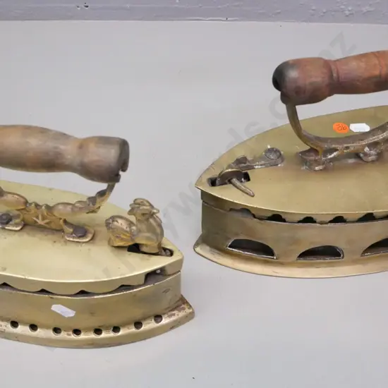 2x vintage Asian brass coal irons w/ turned wooden handles. 1. Kim Hiap Liong & Singapore. 2. rooster latch on front