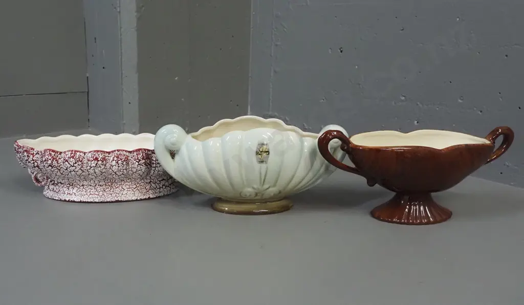 3 Crown Lynn / Titian Ware trough vases - light green with label, red crackle glaze, wood-grained brown handled with no Image 1++