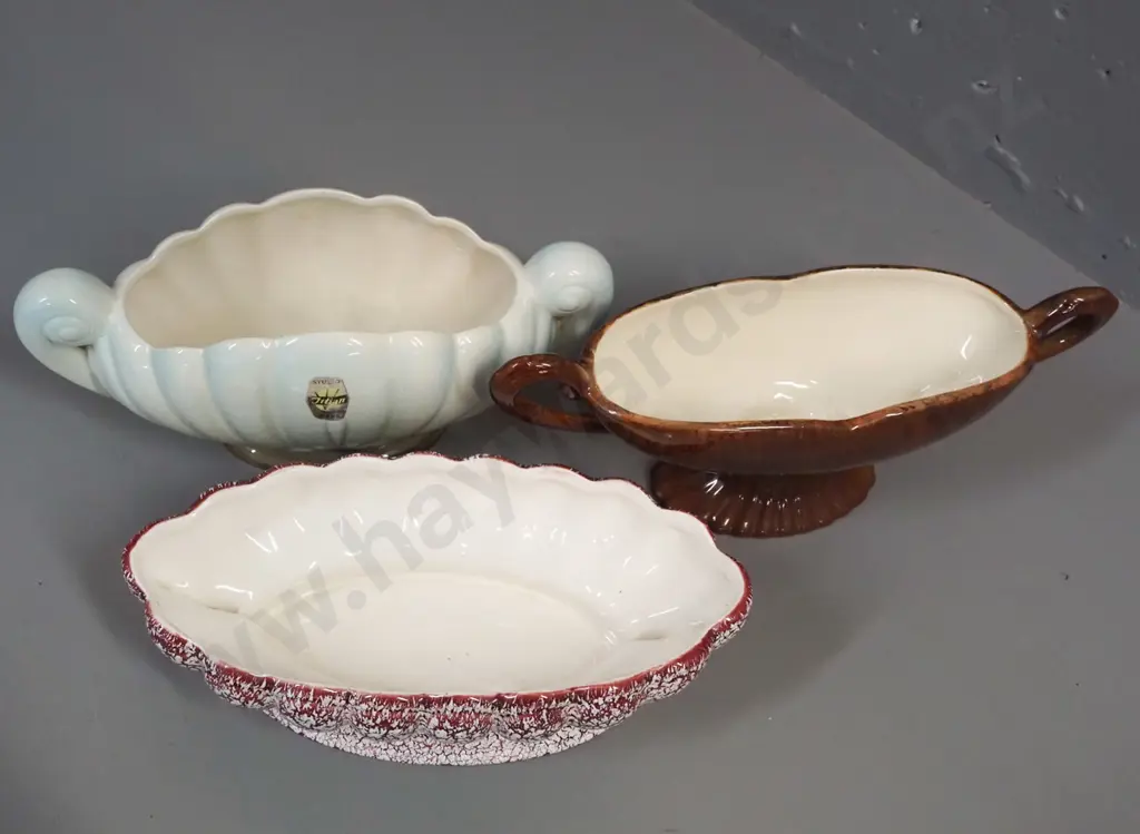 3 Crown Lynn / Titian Ware trough vases - light green with label, red crackle glaze, wood-grained brown handled with no Image 1++