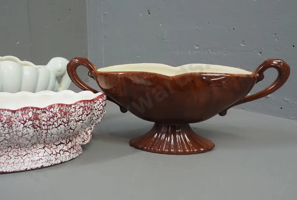 3 Crown Lynn / Titian Ware trough vases - light green with label, red crackle glaze, wood-grained brown handled with no Image 1++