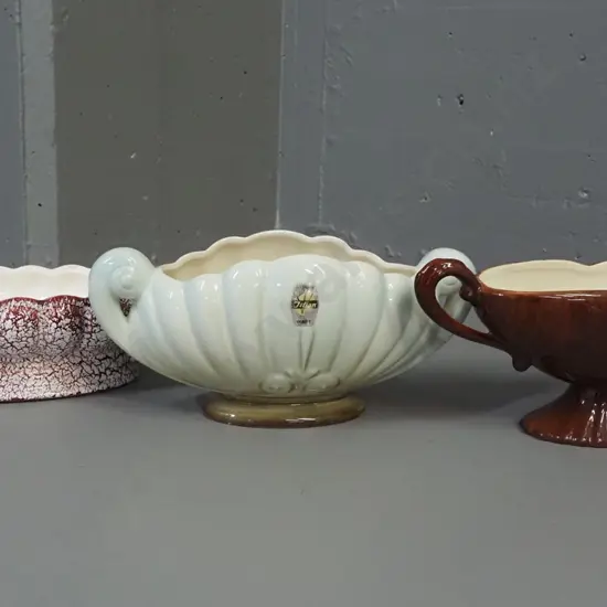 3 Crown Lynn / Titian Ware trough vases - light green with label, red crackle glaze, wood-grained brown handled with no