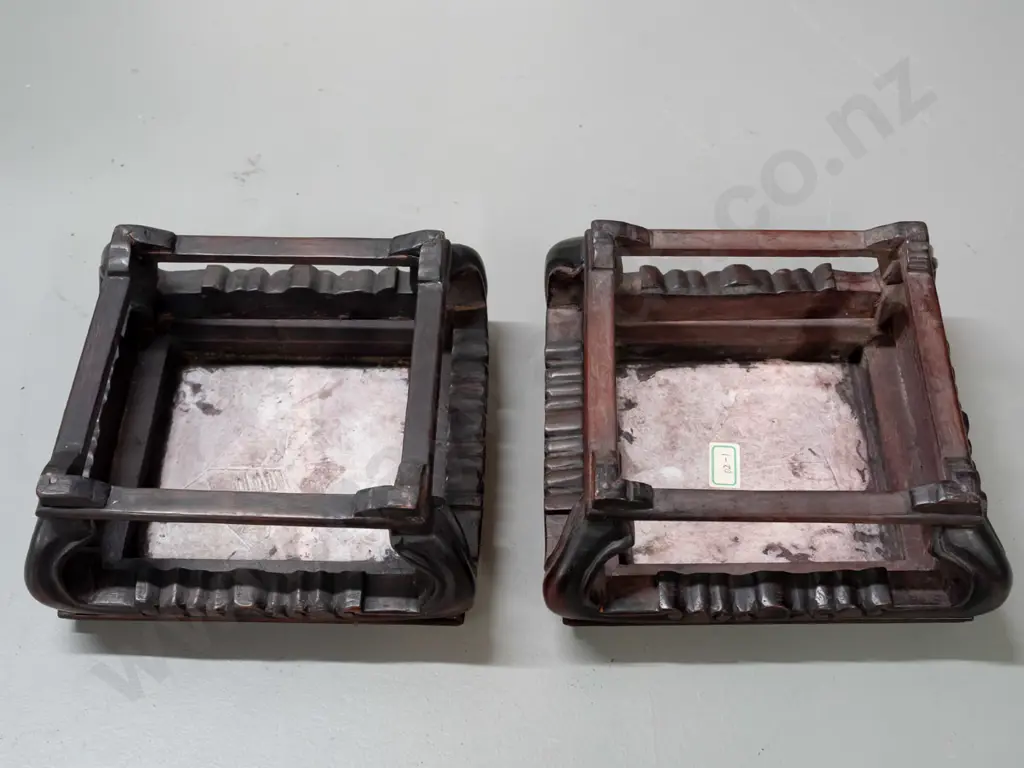 pair of Chinese hardwood and veined marble stands with scrolling feet, one stretcher corner join loose Image 1++