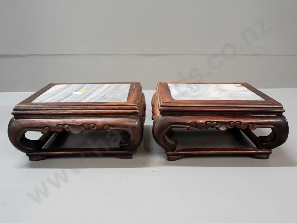 pair of Chinese hardwood and veined marble stands with scrolling feet, one stretcher corner join loose Image 1++