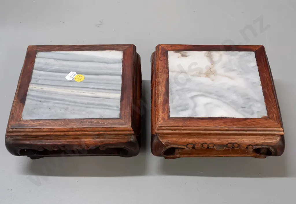 pair of Chinese hardwood and veined marble stands with scrolling feet, one stretcher corner join loose Image 1++