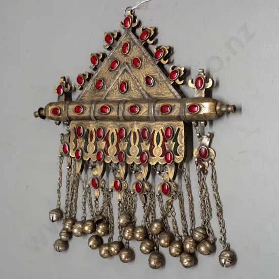 large silver metal Turkman / Turkmenistan pendant with red (glass?) cabuchons, engraved decoration, brass colouring,