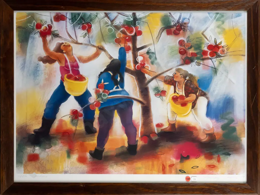 signed framed Lindsay Crooks '99 digital print "Apple Pickers" H450 W630 Image 1++