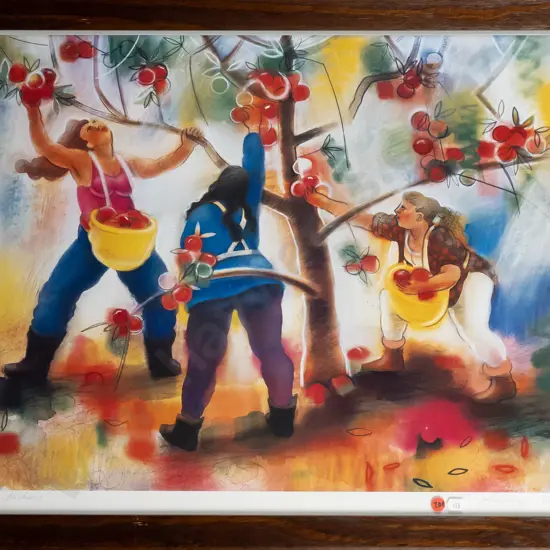 signed framed Lindsay Crooks '99 digital print "Apple Pickers" H450 W630