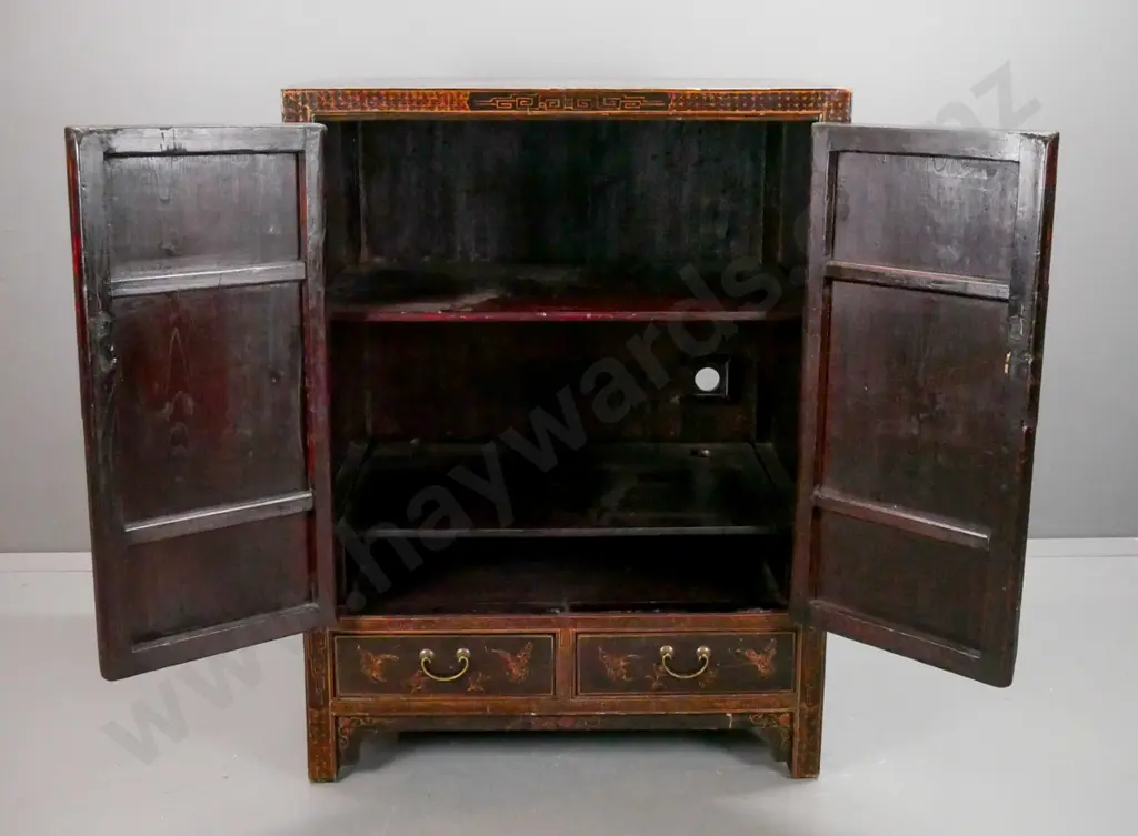 Chinese elm large 2-door cabinet with 2 lower drawers, brass round hinges, lock plate and handles, scenic & figural Image 1++