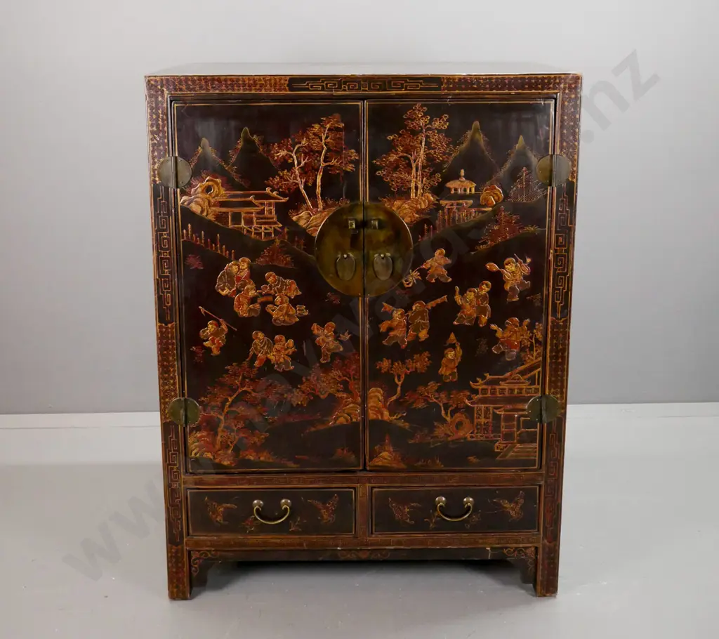 Chinese elm large 2-door cabinet with 2 lower drawers, brass round hinges, lock plate and handles, scenic & figural Image 1++