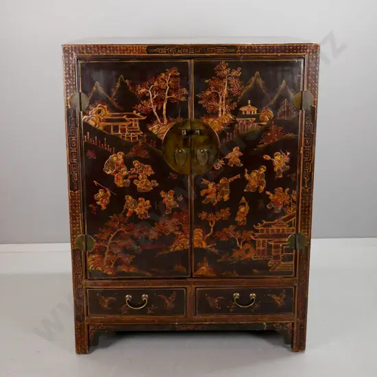 Chinese elm large 2-door cabinet with 2 lower drawers, brass round hinges, lock plate and handles, scenic & figural