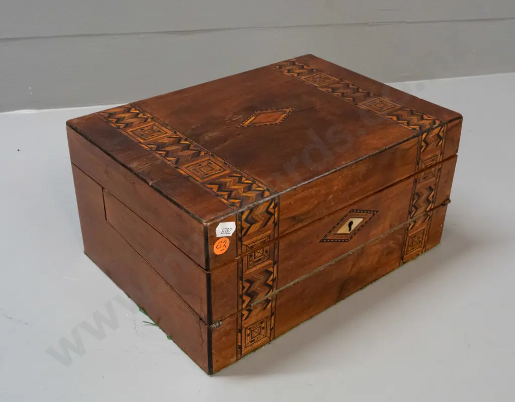 walnut writing box writing slope with mixed timber inlay, lift out lined tray, internal drawers - has repaired crack in Image 1++