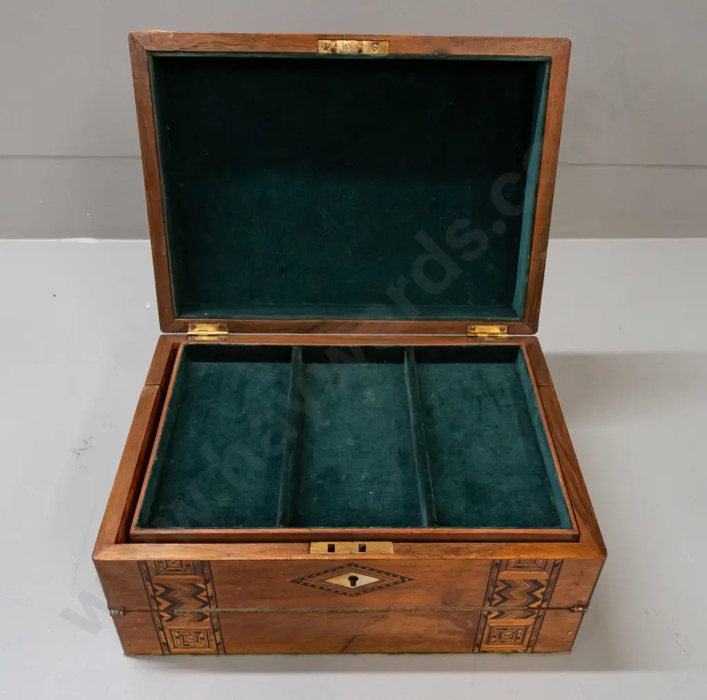 walnut writing box writing slope with mixed timber inlay, lift out lined tray, internal drawers - has repaired crack in Image 1++
