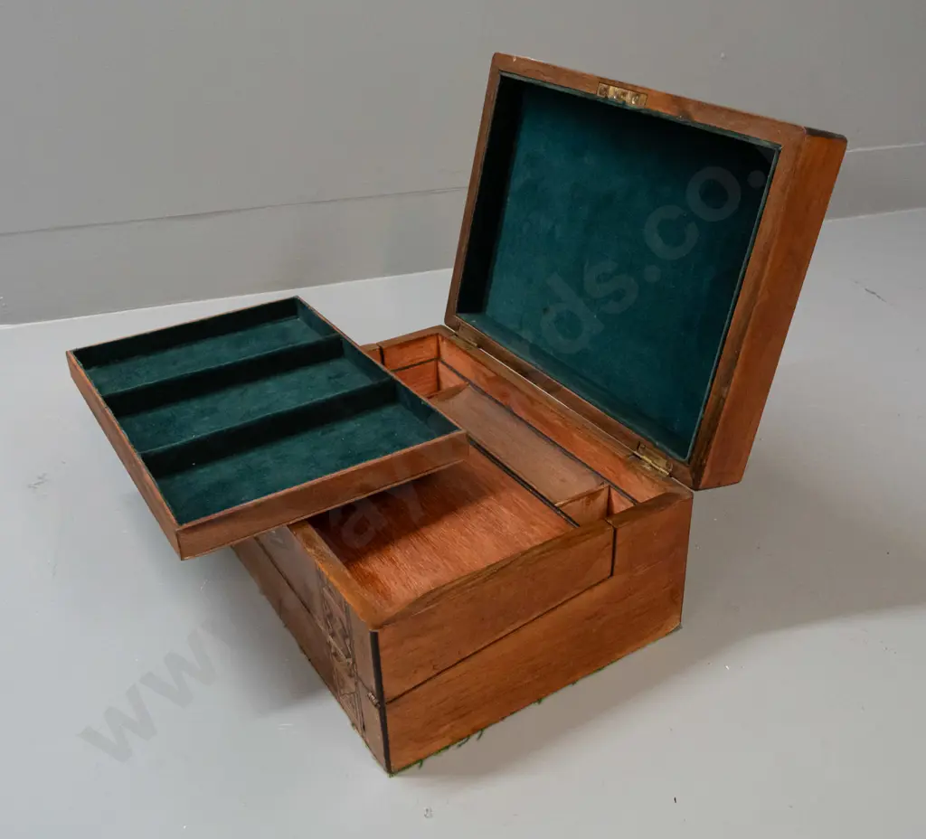 walnut writing box writing slope with mixed timber inlay, lift out lined tray, internal drawers - has repaired crack in Image 1++