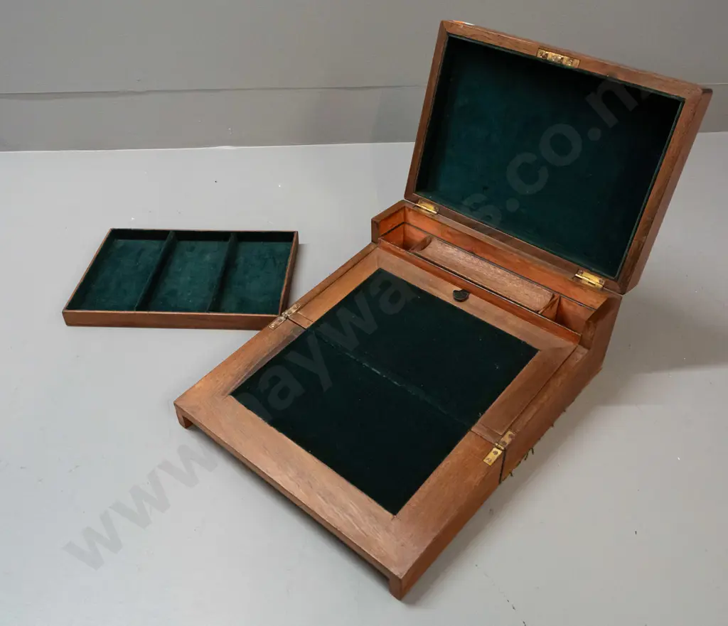 walnut writing box writing slope with mixed timber inlay, lift out lined tray, internal drawers - has repaired crack in Image 1++