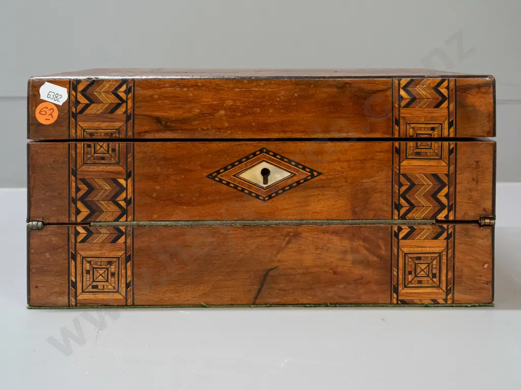 walnut writing box writing slope with mixed timber inlay, lift out lined tray, internal drawers - has repaired crack in Image 1++