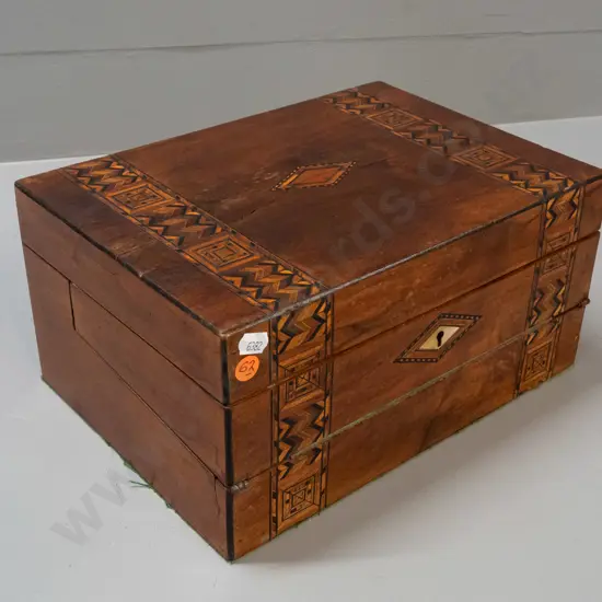 walnut writing box writing slope with mixed timber inlay, lift out lined tray, internal drawers - has repaired crack in