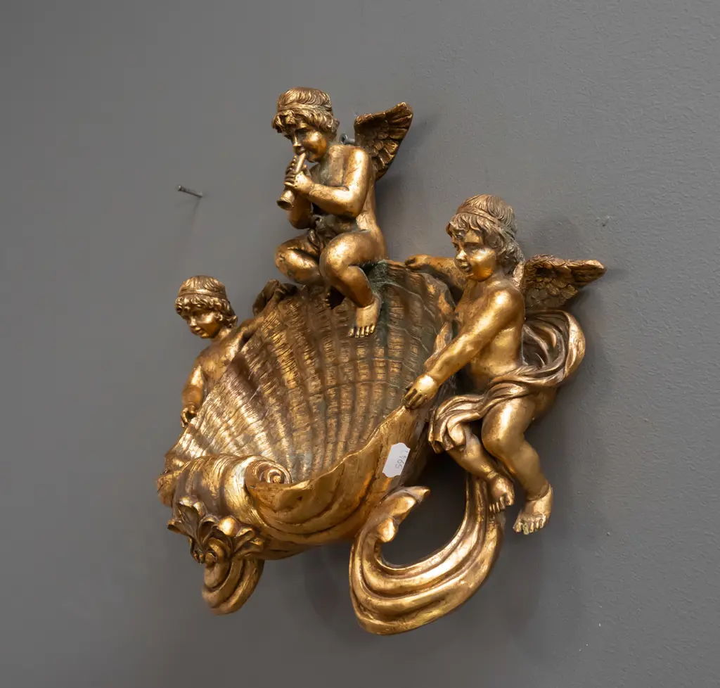 composite ornate wall mount shell-shaped font / vase / dish with gilt patina finish H-270 W-340 Image 1++