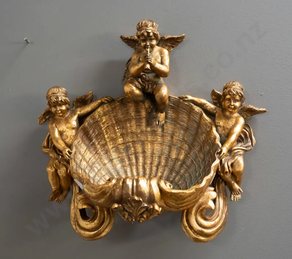 composite ornate wall mount shell-shaped font / vase / dish with gilt patina finish H-270 W-340 Image 1++