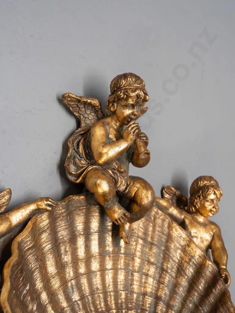composite ornate wall mount shell-shaped font / vase / dish with gilt patina finish H-270 W-340 Image 1++