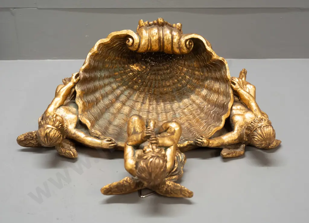 composite ornate wall mount shell-shaped font / vase / dish with gilt patina finish H-270 W-340 Image 1++