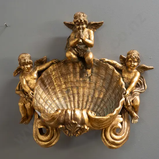 composite ornate wall mount shell-shaped font / vase / dish with gilt patina finish H-270 W-340