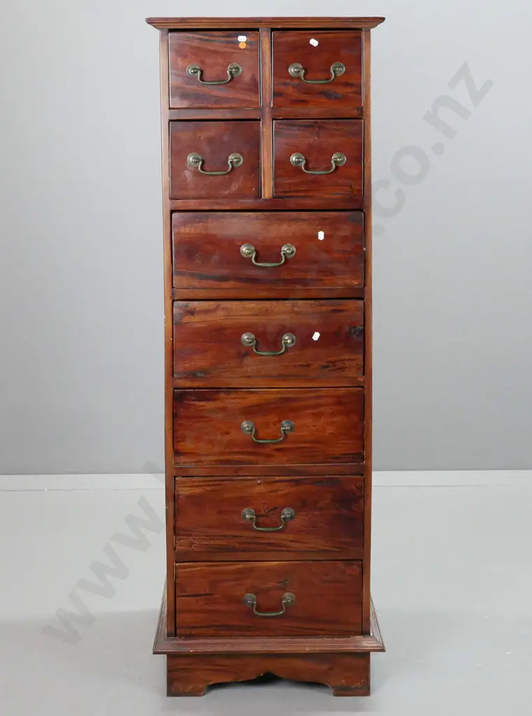 reproduction mahogany 9-drawer tallboy with brass swan-neck handles, on shaped plinth base. Some staining to top. H-1500 Image 1++