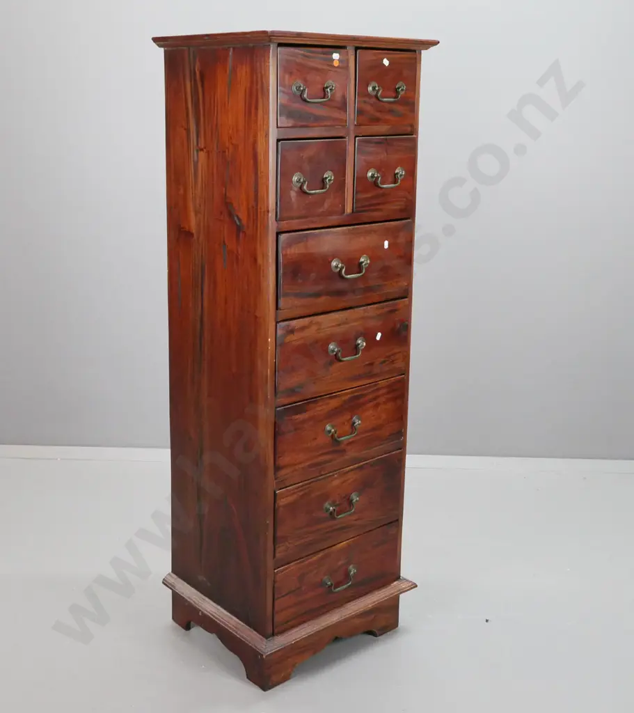 reproduction mahogany 9-drawer tallboy with brass swan-neck handles, on shaped plinth base. Some staining to top. H-1500 Image 1++