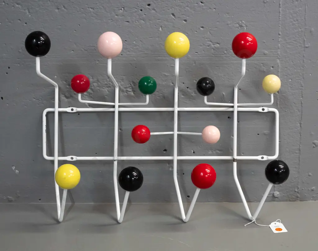 retro atomic style coat rack with painted timber coloured ball and white enamel wire frame - some paint chips and wear Image 1++