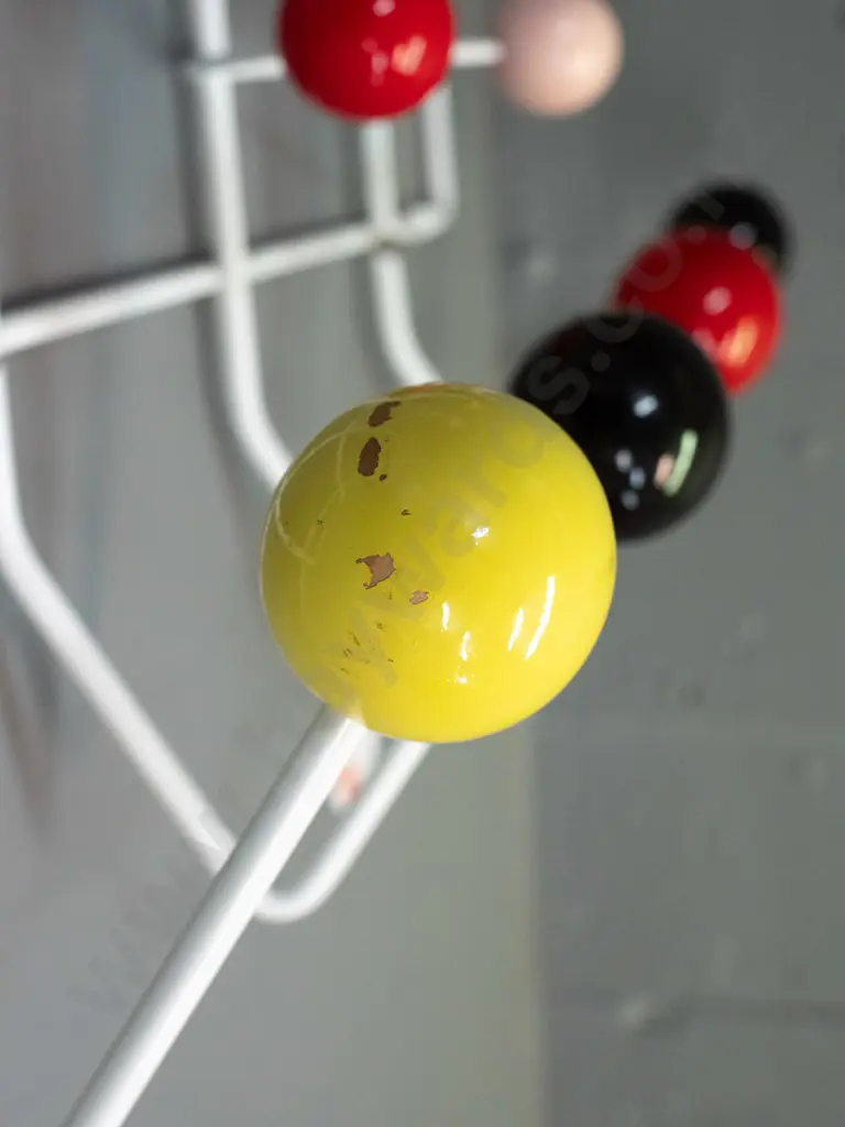retro atomic style coat rack with painted timber coloured ball and white enamel wire frame - some paint chips and wear Image 1++