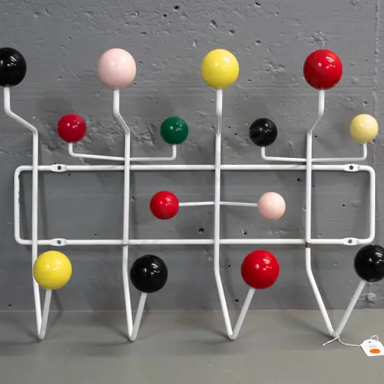 retro atomic style coat rack with painted timber coloured ball and white enamel wire frame - some paint chips and wear