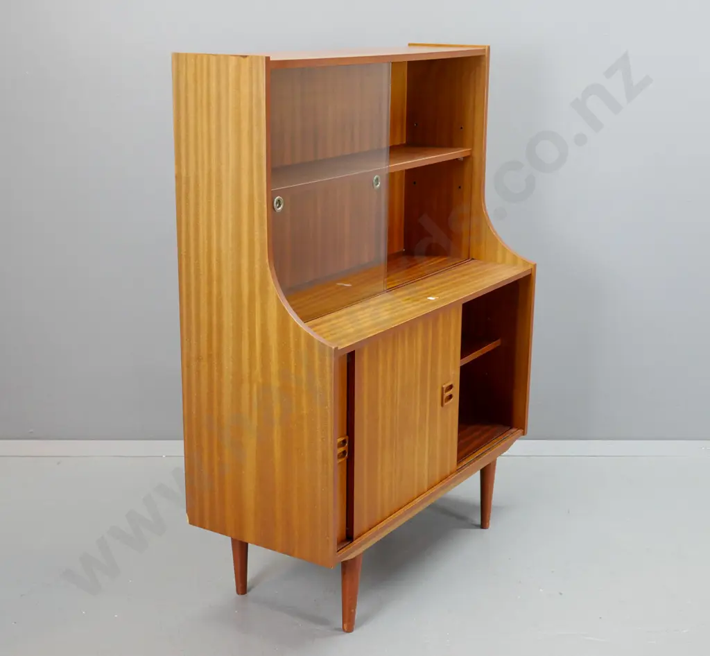 retro mahogany buffet sideboard with 2 glass sliding doors in top section, 2 sliding timber doors in base, on turned Image 1++