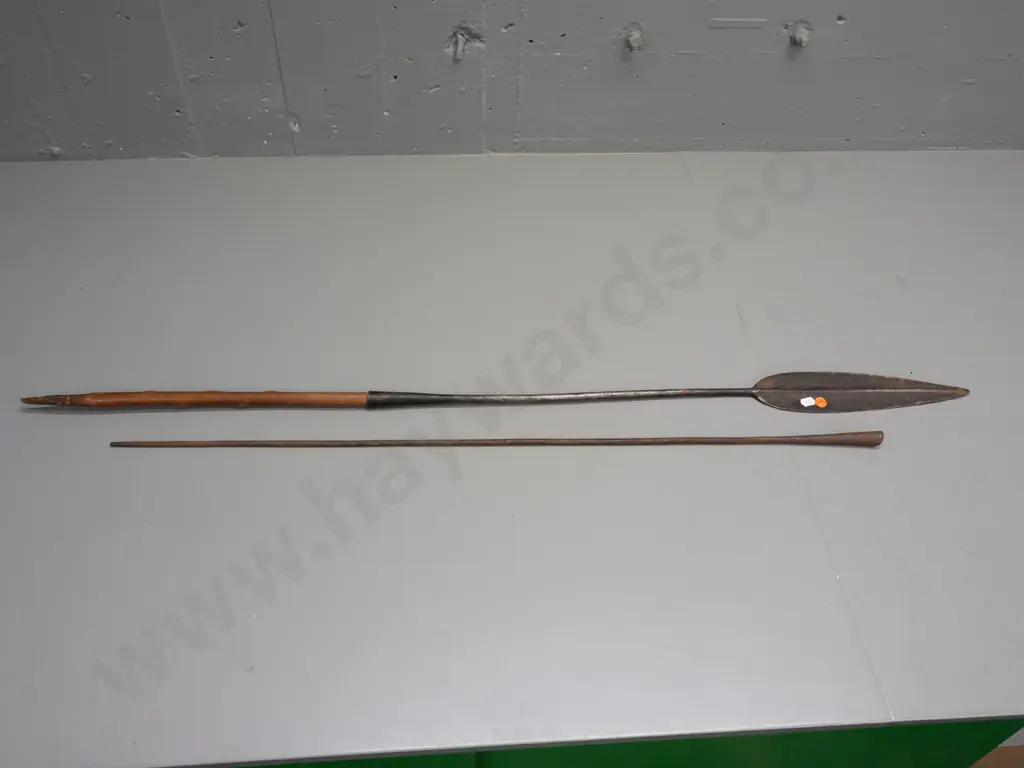 Kenyan Samburu spear - 3 piece, timber shaft with 2 forged metal end pieces, crack through timber, corrosion to metal Image 1++