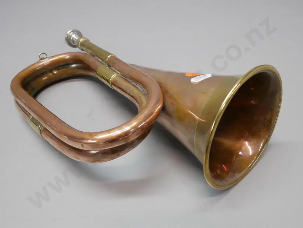 vintage copper bugle with brass strapping, some dinting L-310 Image 1++