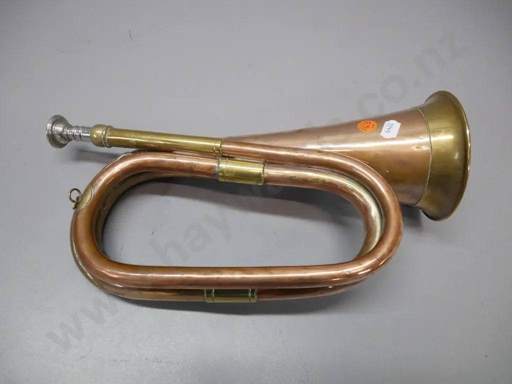 vintage copper bugle with brass strapping, some dinting L-310 Image 1++