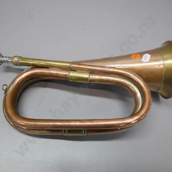 vintage copper bugle with brass strapping, some dinting L-310