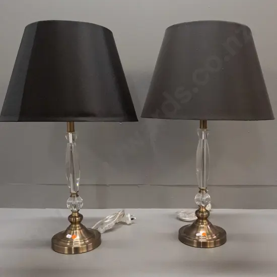 2x contemporary glass and brushed steel table lamps w/black fabric shades H-680 Shade D-420
