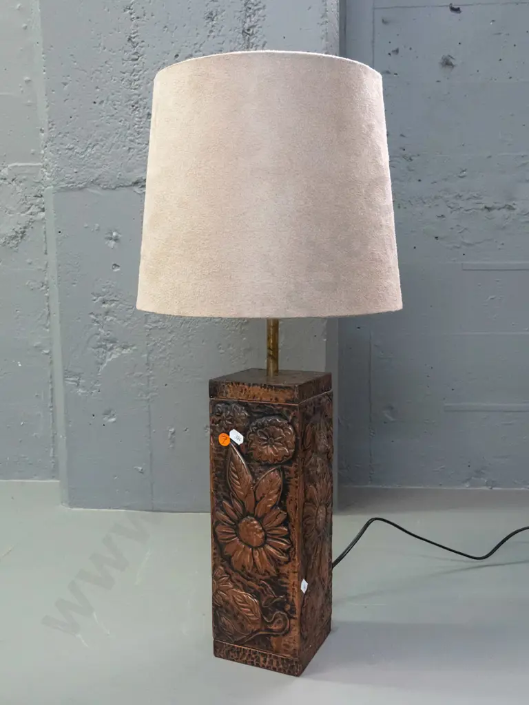 retro pressed copper floral motif table lamp with brass stem to light fitting suedette shade H-610 Shade D-280 Image 1++