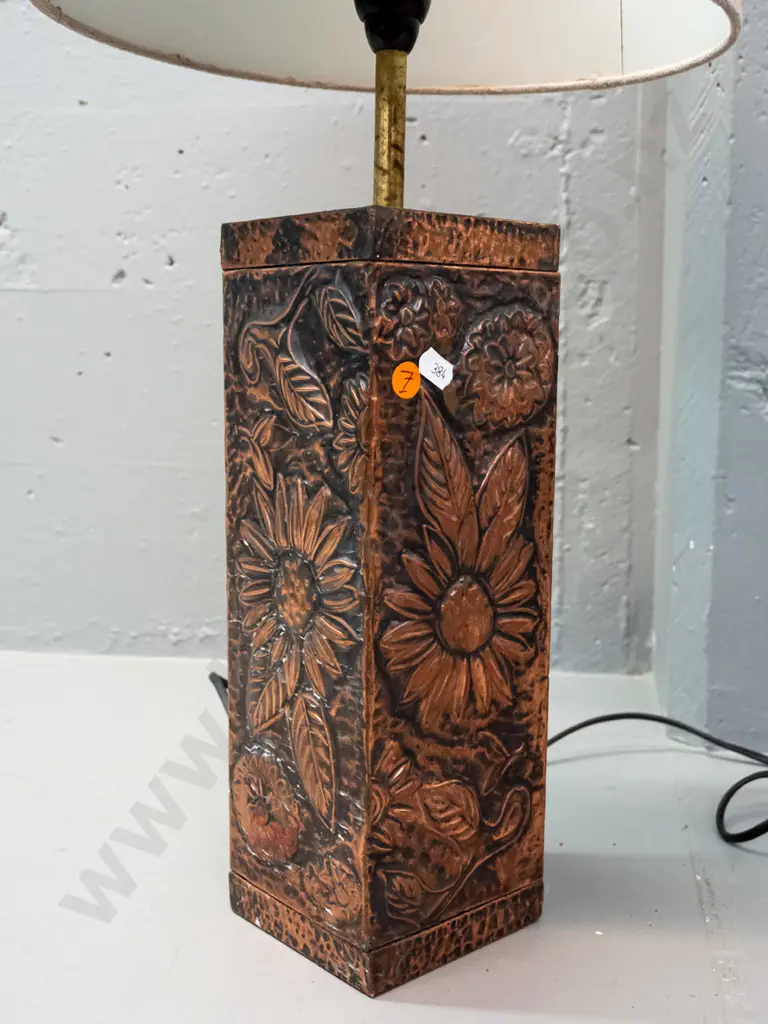 retro pressed copper floral motif table lamp with brass stem to light fitting suedette shade H-610 Shade D-280 Image 1++