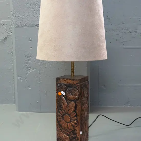 retro pressed copper floral motif table lamp with brass stem to light fitting suedette shade H-610 Shade D-280