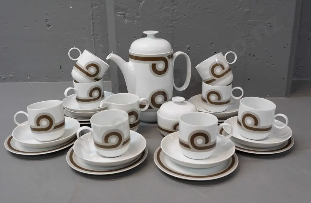 retro German Rosenthal coffee set - coffee pot, cream, sugar, 8 trios but missing one saucer - marked Studio Line Image 1++