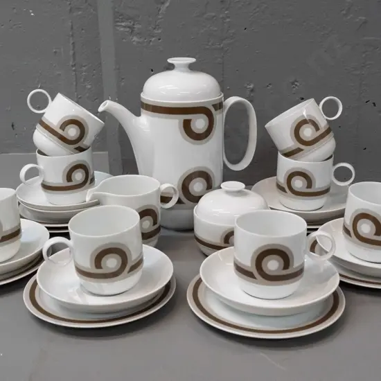 retro German Rosenthal coffee set - coffee pot, cream, sugar, 8 trios but missing one saucer - marked Studio Line