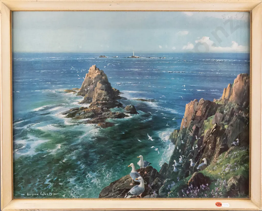 framed retro Vernon Ward print - coastal scene H390 W500 Image 1++