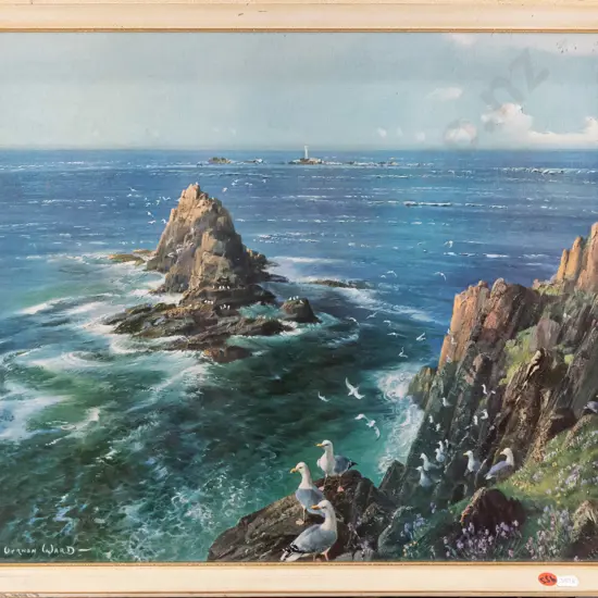 framed retro Vernon Ward print - coastal scene H390 W500