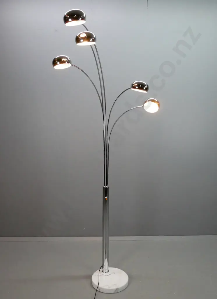 tall contemporary standard lamp with 5 chrome lamp heads on flexible arms, on marble base H-2100 Base D-350 Image 1++