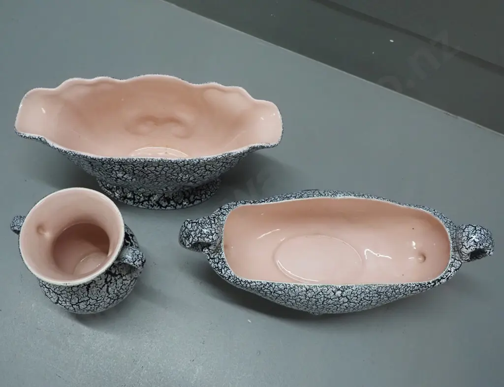 3 Crown Lynn Titian items with black lace crackle glaze and pink interior; vase V.117. shell PB.104. and trough PB.100.1 Image 1++