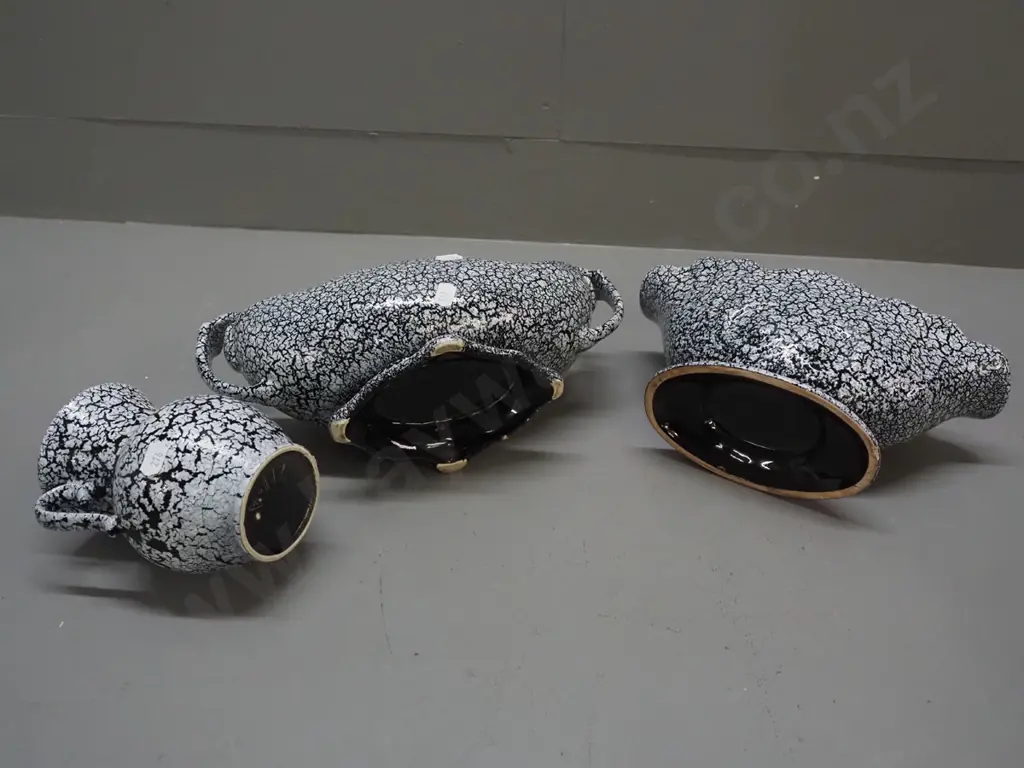 3 Crown Lynn Titian items with black lace crackle glaze and pink interior; vase V.117. shell PB.104. and trough PB.100.1 Image 1++