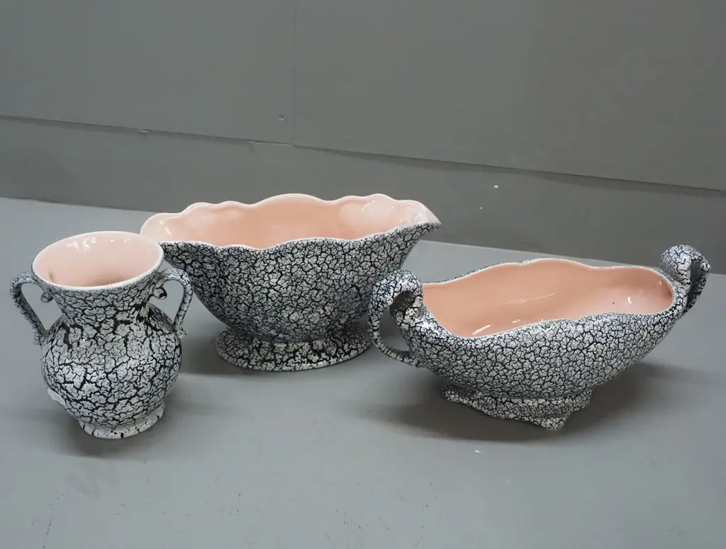 3 Crown Lynn Titian items with black lace crackle glaze and pink interior; vase V.117. shell PB.104. and trough PB.100.1 Image 1++