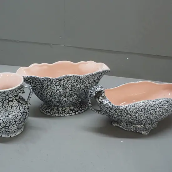 3 Crown Lynn Titian items with black lace crackle glaze and pink interior; vase V.117. shell PB.104. and trough PB.100.1